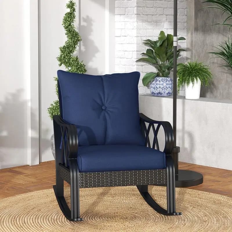 Sedia a dondolo da esterno in vimini con cuscini imbottiti, mobili in alluminio, sedia a dondolo da veranda in rattan con braccioli, blu navy