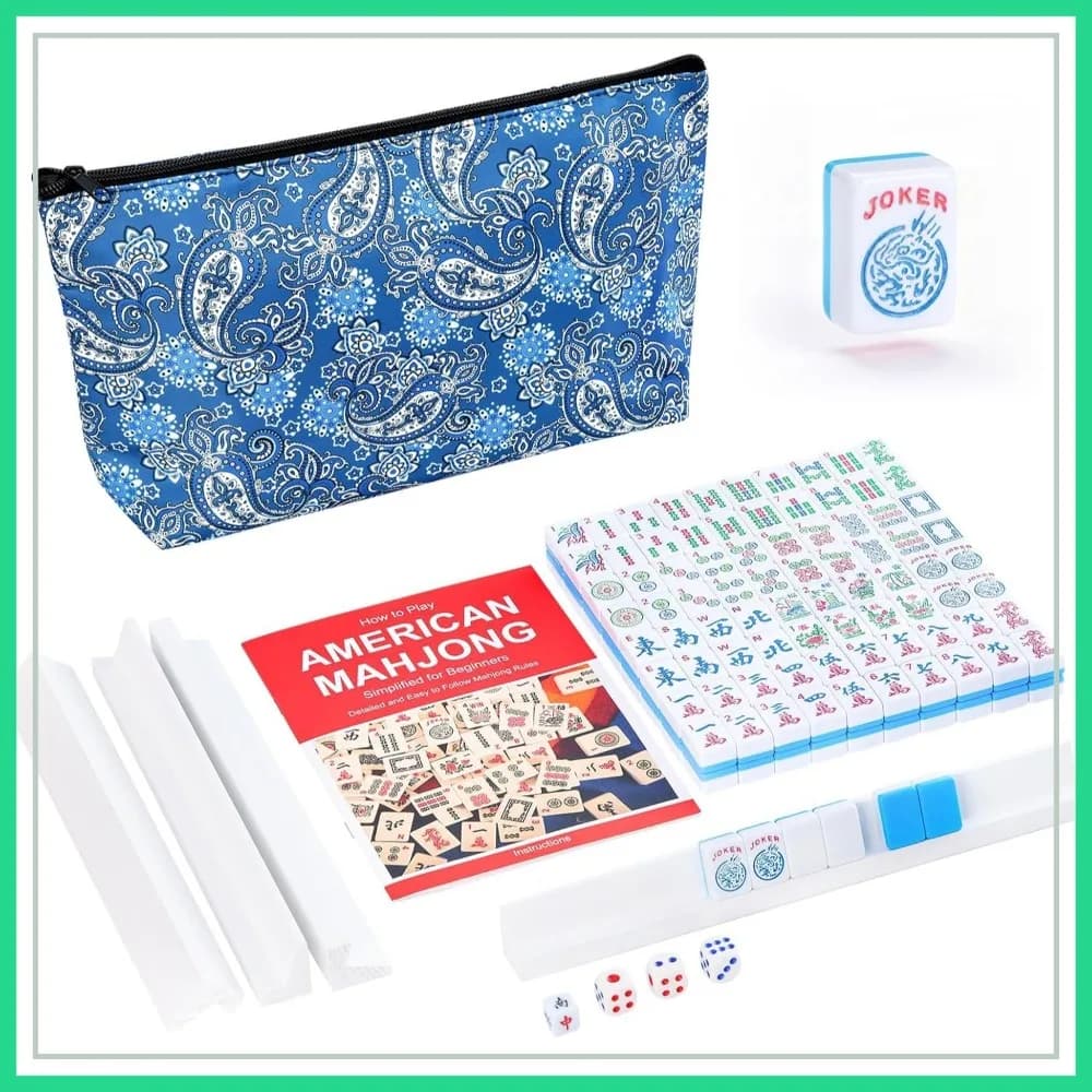 Mini Set Mahjong Americano con 166 Tessere Blu (24mm), 4 Supporti e Borsa Blu Rinforzata Stampata, Gioco da Viaggio Portatile