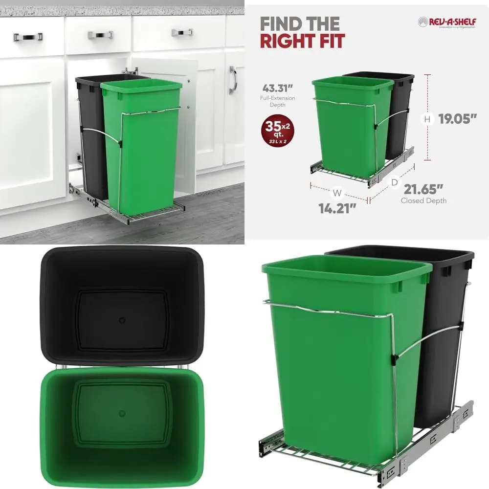 Cestino per rifiuti a doppia cassa estraibile, contenitore per la raccolta differenziata da 35 quarti con coperchio verde/nero, su guide complete