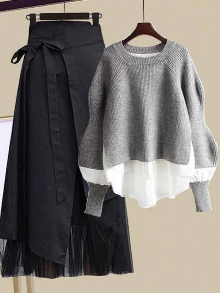 Set Maglione e Felpa Lavorati a Maglia alla Moda, Gonna Midi Modellante, Nuovo Stile Autunnale da Donna, Finto Due Pezzi, Abbigliamento Casual Comodo