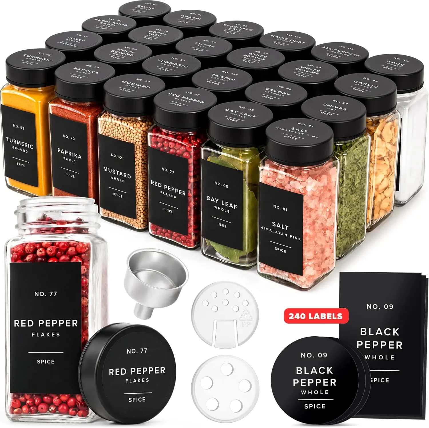 24‑Pack Glass Spice‑Jar Seasoning‑Set, Black‑Steel Airtight Lids, Comes With Labels