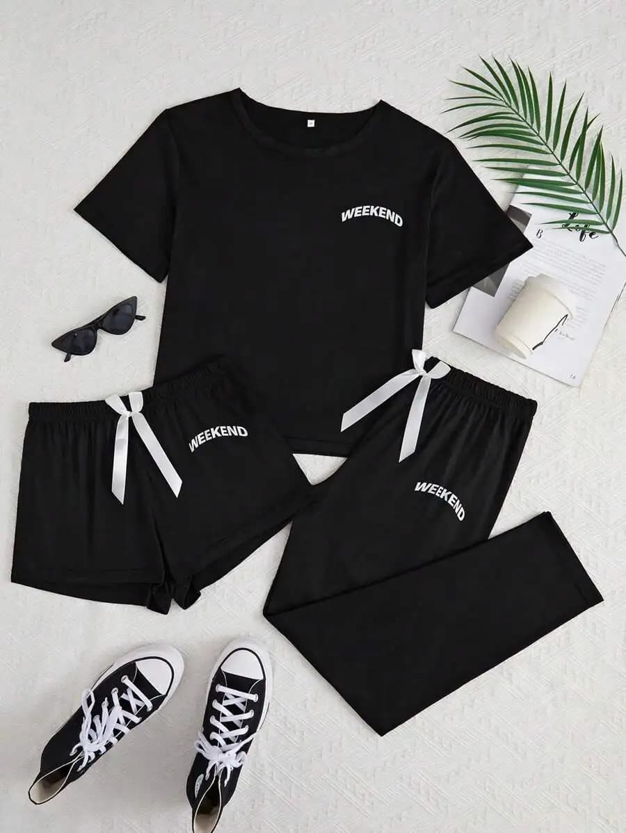 Womens Weekend Letter Print 3 Piece Pajama Set With Shorts And Pants
