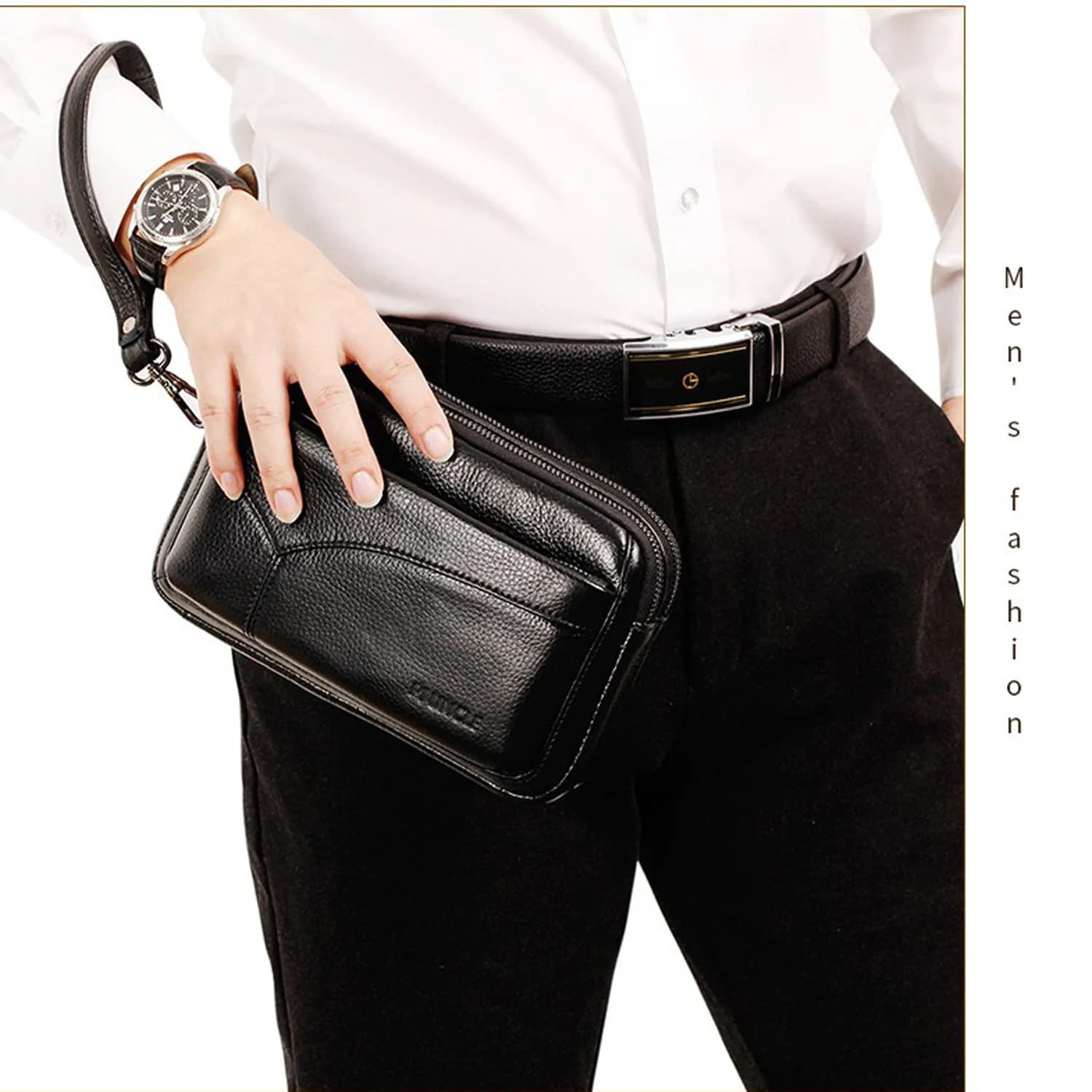 Men's Genuine Leather Fashion Business Clutch Bag, Vintage Wristlet Wallet, Coin Purse, Wallet, Work Handbag, Mobile Phone Day Bag, Black
