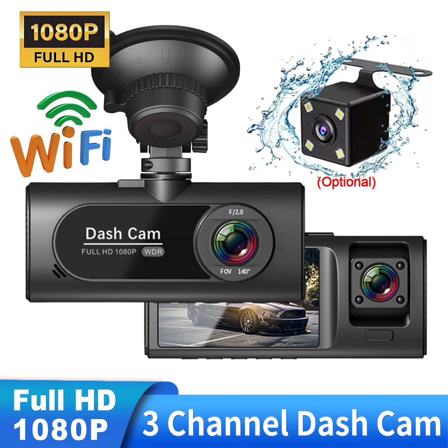 WIFI 3 Channel Dash Cam for Car 1080P Video Recorder 3/2Lens Dashcam Car DVR Front and Rear View Camera Black Box Car Accessory