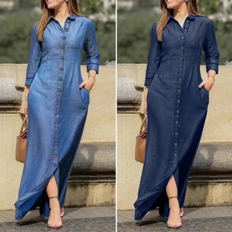 2025 Spring Elegant Women's Denim Dress New Casual Long Sleeves Shirts Maxi Women's Dresses Robe Femal Office Clothing