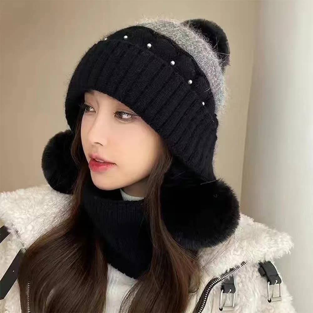 Warm Thickened Knitted Hat Pearl-embellished Windproof Bonnet Caps Ear Protection Coldproof Women's Beanies Autumn Winter