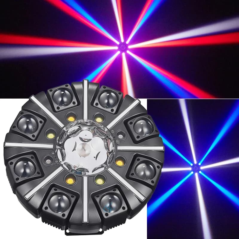 Faro mobile a 8 bracci RGBW da 150W con effetto strobo bianco caldo, luce da palco con telecomando DMX512 per DJ e feste