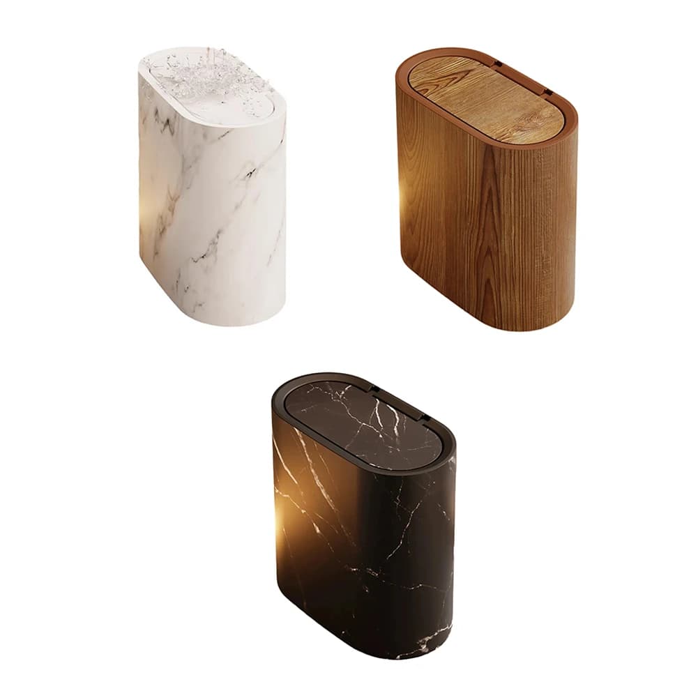 1Pcs Plastic Narrow Shape Waste Bin With Lid Marble And Wood Pattern Household Trash Can Bathroom Accessories Narrow Garbage Can