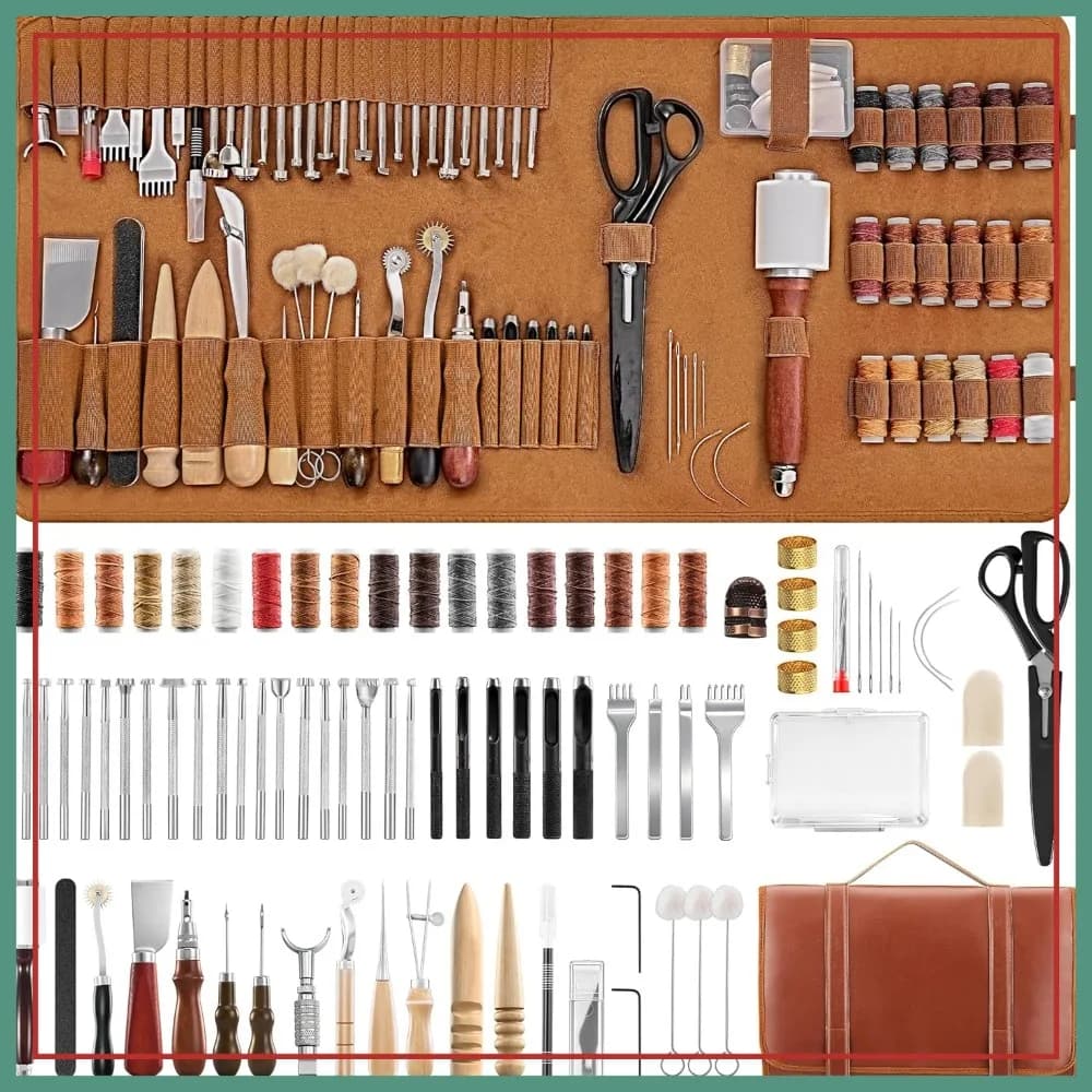 Kit da Cucito in Pelle da 101 Pezzi con Scalpelli da Cucito da 4mm, Filo Cerato, Punzone per Riparazione Fai-da-te di Portafogli, Cinture e Borse