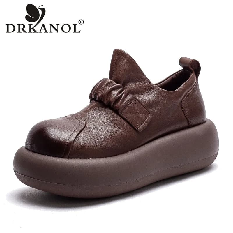 DRKANOL 2026 Women Chunky Platform Shoes Spring Autumn Genuine Cow Leather Thick Sole Height Increasing Slip On Casual Loafers