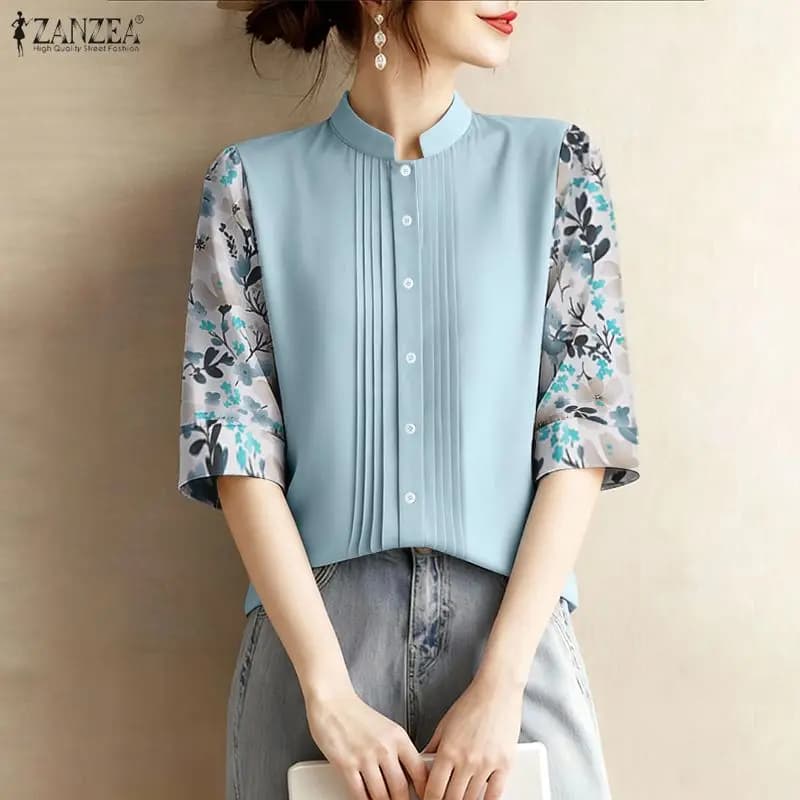 ZANZEA Camicie eleganti con maniche a 3/4 stampate floreali Moda donna Colletto alla coreana Button Up Pintuck Patchwork Camicette Primavera Donna Top