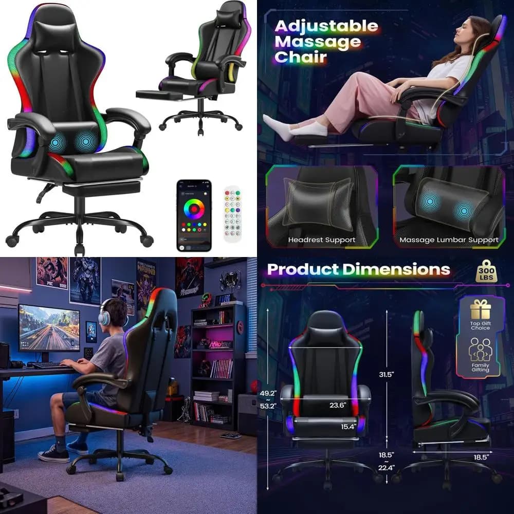 Sedia da Gaming Ergonomica con Poggiapiedi, Supporto Massaggiante, Altezza Regolabile, Girevole e Illuminazione RGB - Nera
