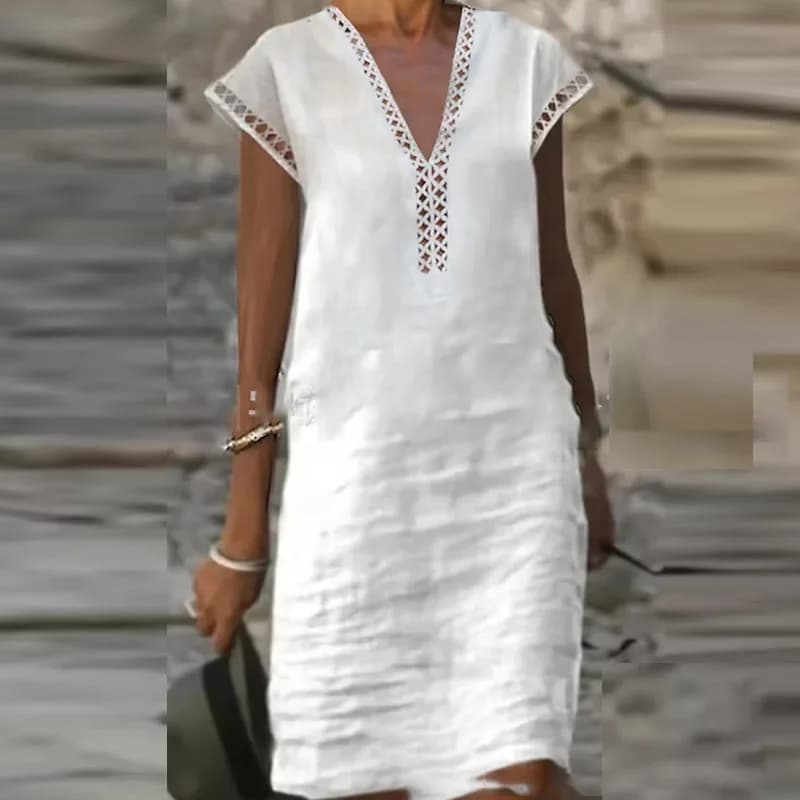 Office Lady abito longuette dritto allentato 2023 abito estivo in lino di cotone solido abito Casual da spiaggia a maniche corte con scollo a v Mujer