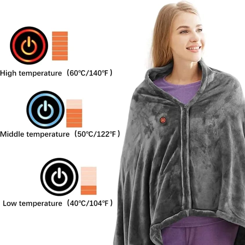 Coperta Elettrica Indossabile con 3 Livelli di Riscaldamento, USB, per Inverno, Casa, Ufficio, Esterni, Lavabile