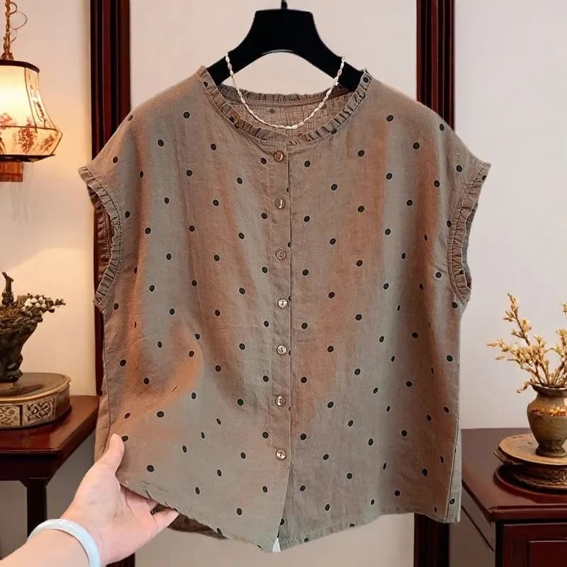 Women's Retro Polka Dot Linen Cotton Blouse Ruffle Collar Sleeveless Casual Summer Top
