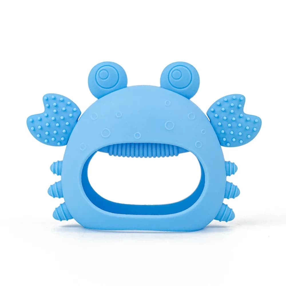 Giocattolo per massaggiagengive per bambini con granchio di cartone animato Gomma lenitiva per bambini in silicone rosa blu senza BPA protegge i denti Gomma per molatura infantile