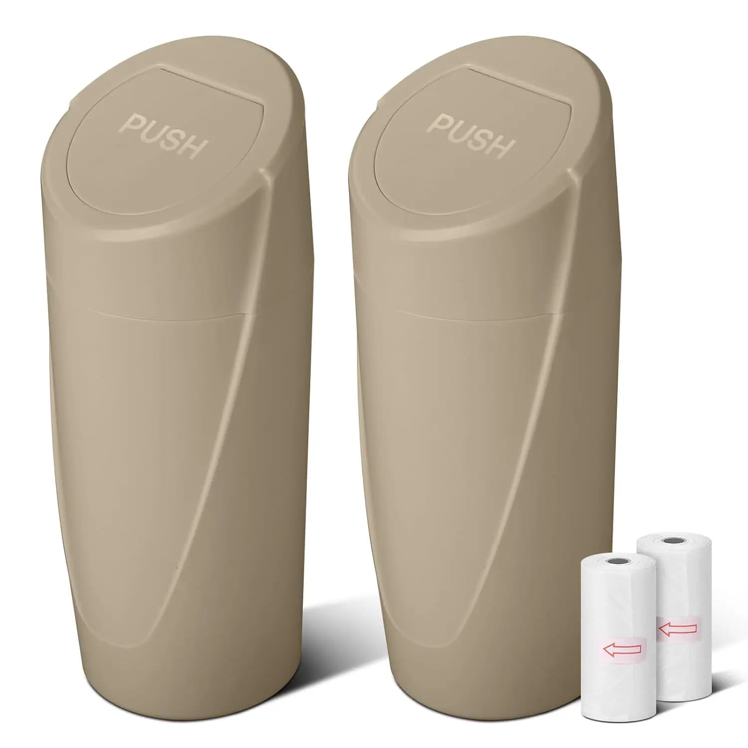 Set di 2 Contenitori per Rifiuti da Auto con Coperchio, Mini Bidone Beige per Portabicchieri - Include 40 Sacchetti per Rifiuti