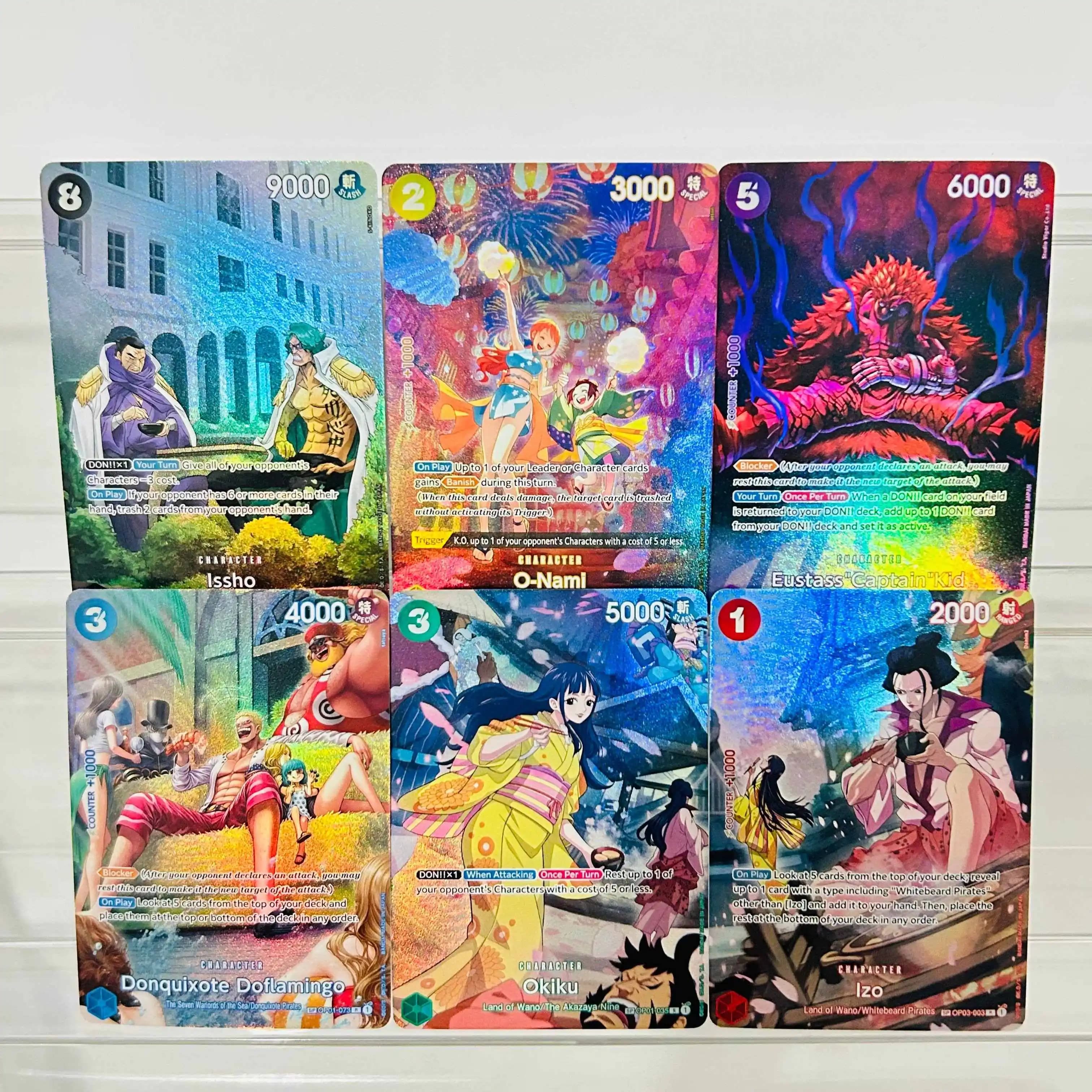 One Piece 6Pcs Issho O-Nami Kid Doflamingo Okiku Izo Holographic Texture Cards Perfect DIY Premium Anime Collection Card