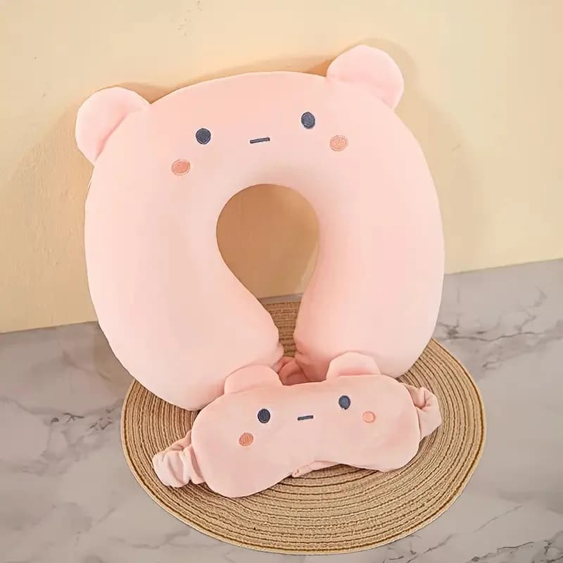 Cuscino da Viaggio a Forma di U con Animali Cartoon, in Memory Foam, Set con Mascherina per Occhi e Fodera Rimovibile