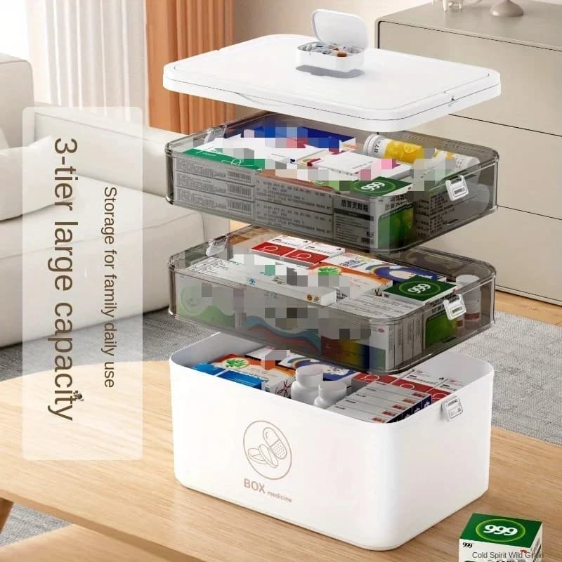 Armadietto per medicinali a 3 livelli da 1 pezzo - Scatola porta medicinali per emergenze familiari, design a prova di perdite, compatto per uso domestico