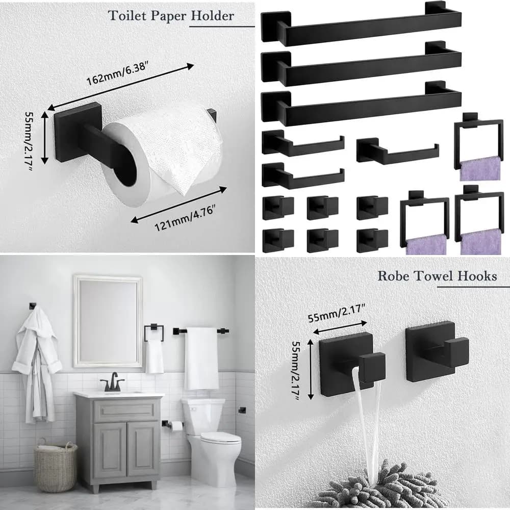 Set di 15 Accessori per Bagno in Acciaio Inossidabile Nero: Portasciugamani da Parete, Porta Carta Igienica, Anello Portasciugamani e Gancio