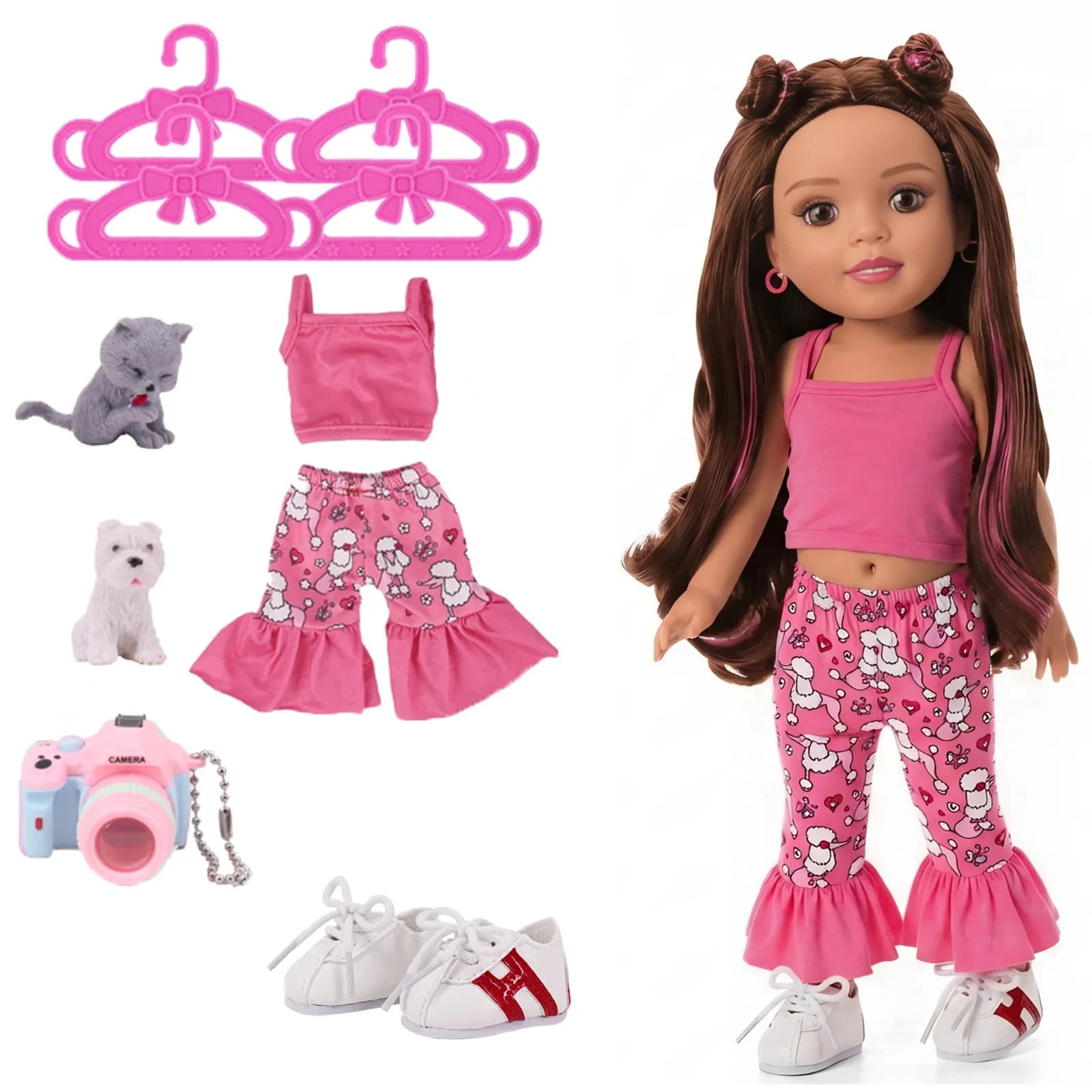 Set casual per bambole da ragazza, include fotocamera e scarpe, regalo di Natale perfetto per bambole da 36,8 cm, grucce per vestiti alla moda per animali domestici