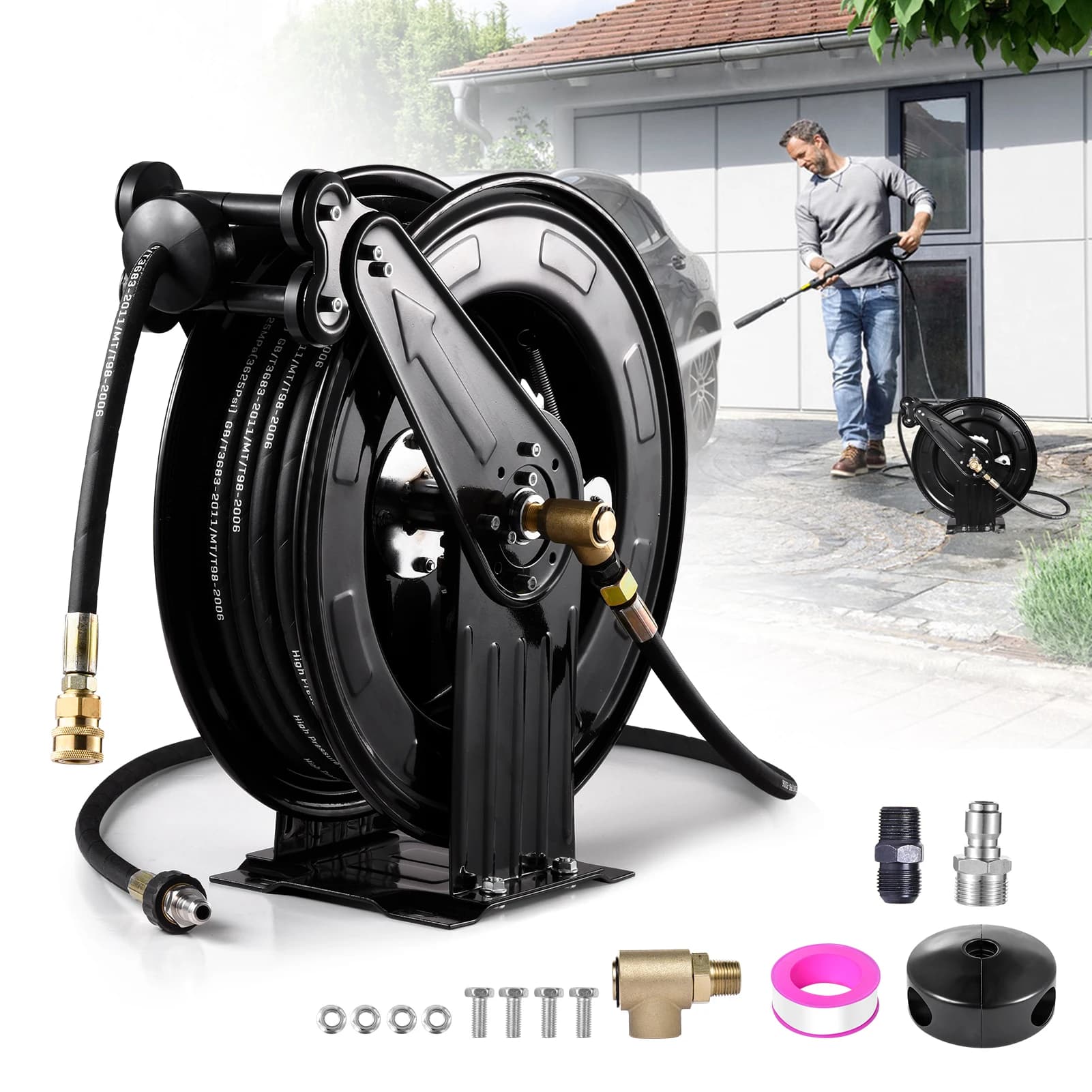 Pressure Washing Hose Reel 3/8inch X 50 FT Heavy Duty Washer Hose Reel Auto-Retractable Hose Reel Steel Arm 4000 PSI Hose Reel For Easy Watering Of Garden Or Yard carefully