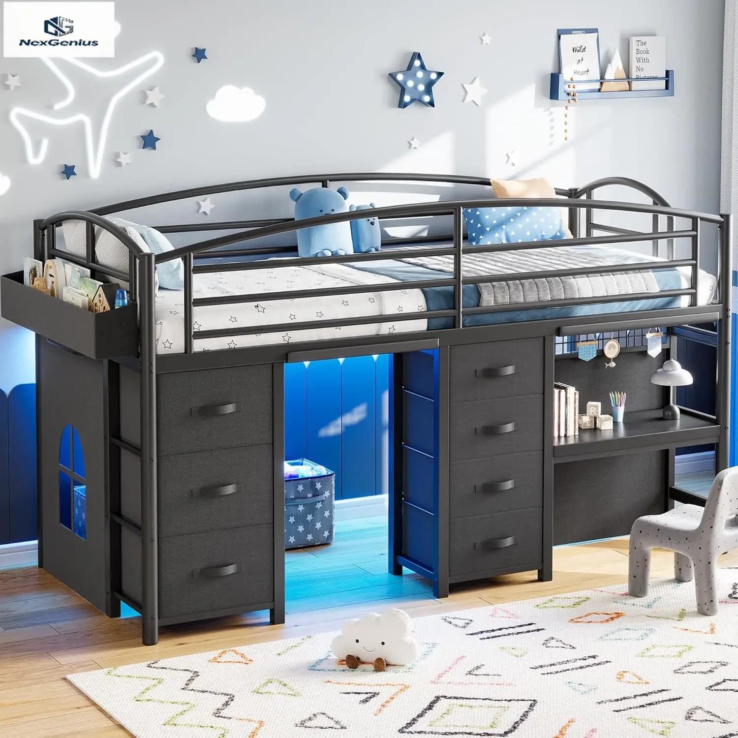 Low Loft Bed Twin Size with 7 Storage Drawers, Desk and LED Lights, Heavy Duty Metal Kids Loft Bed with 12" H Safety Guardrail,