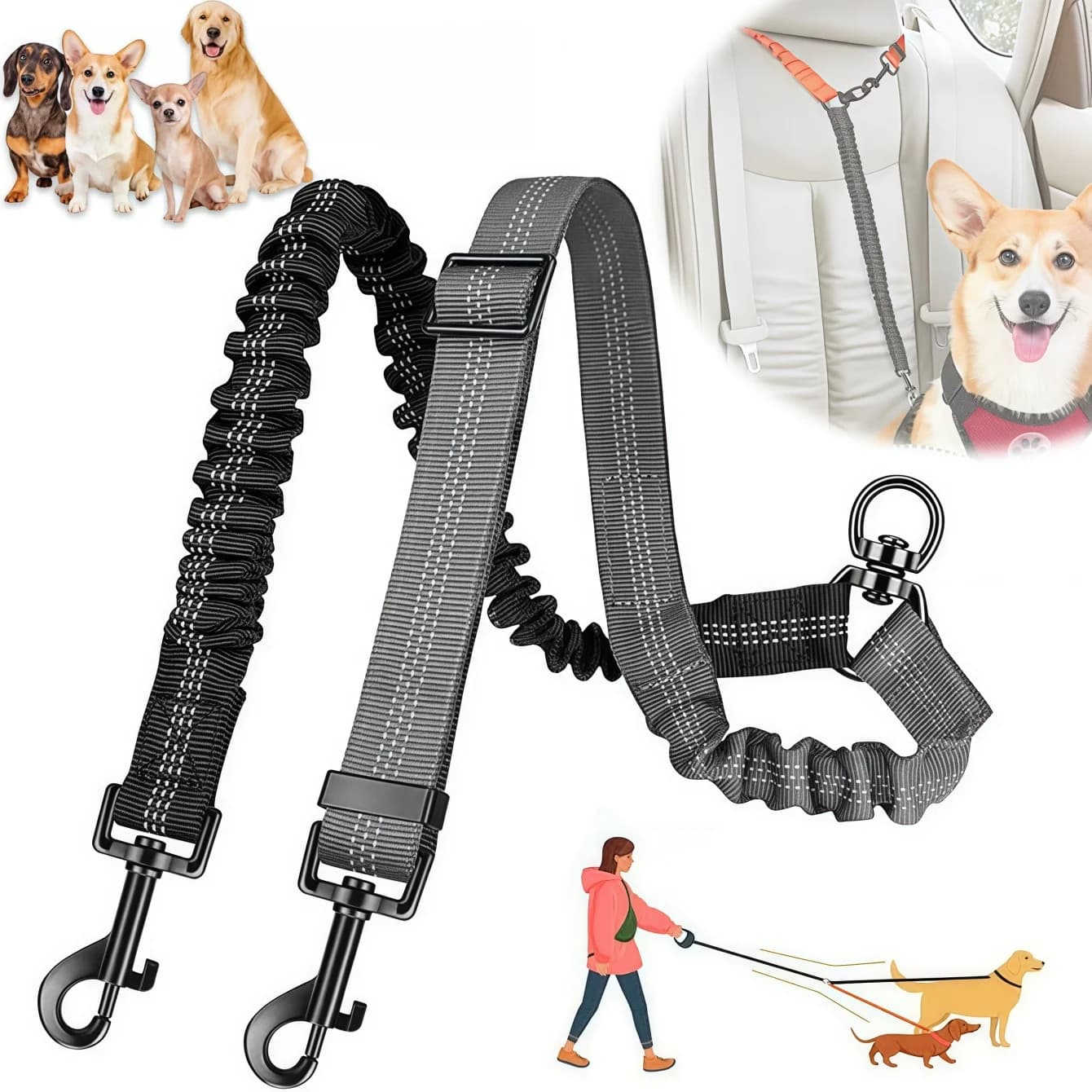 Sistema di guinzaglio per cani 2 in 1 a doppio piombo per due cani Guinzaglio doppio per carichi pesanti con punti di fissaggio, compatibile con imbracature e collari
