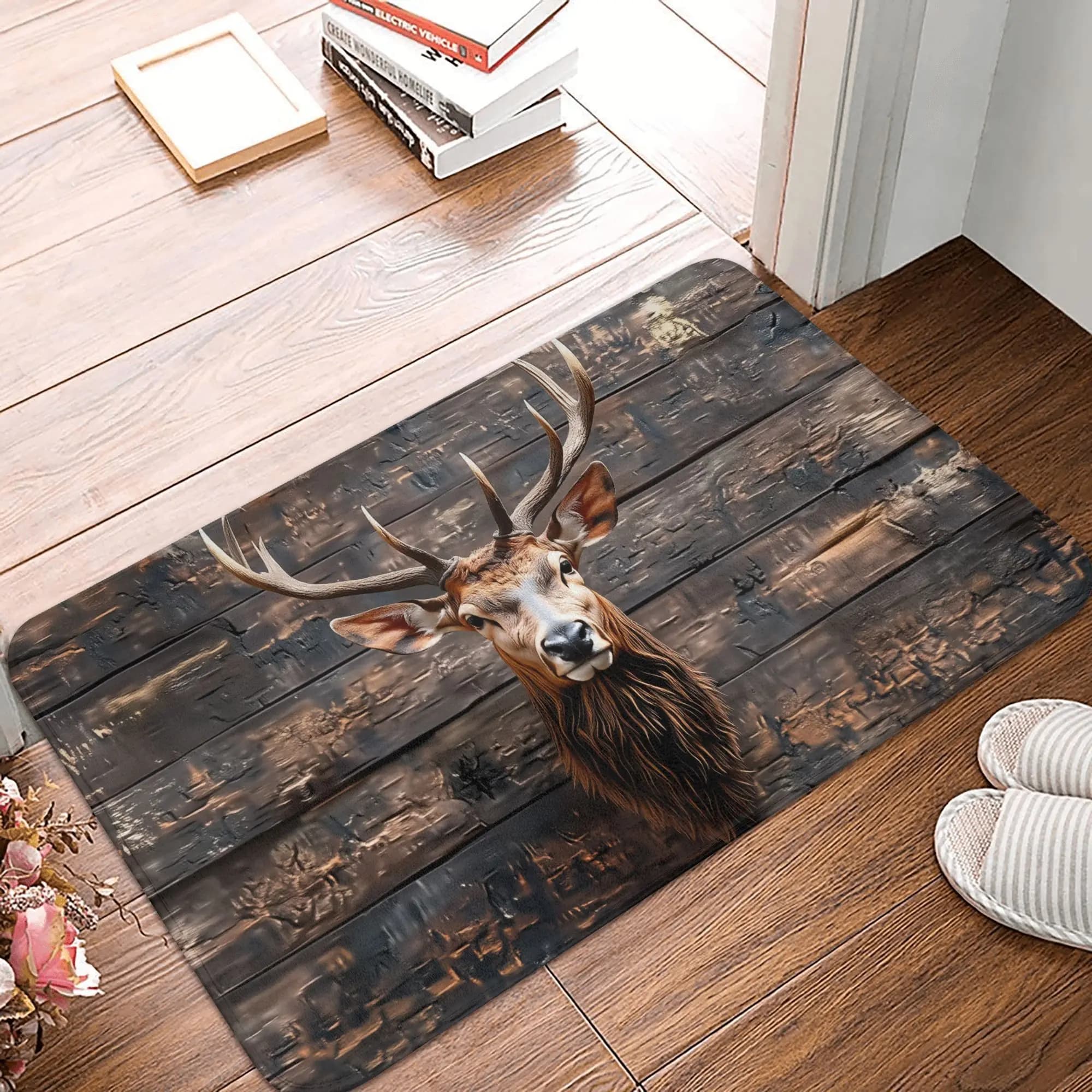 Tappetino d'ingresso antiscivolo con testa di cervo 3D rustica su sfondo in legno, per bagno, cucina, soggiorno, tappeto, zerbino, poggiapiedi
