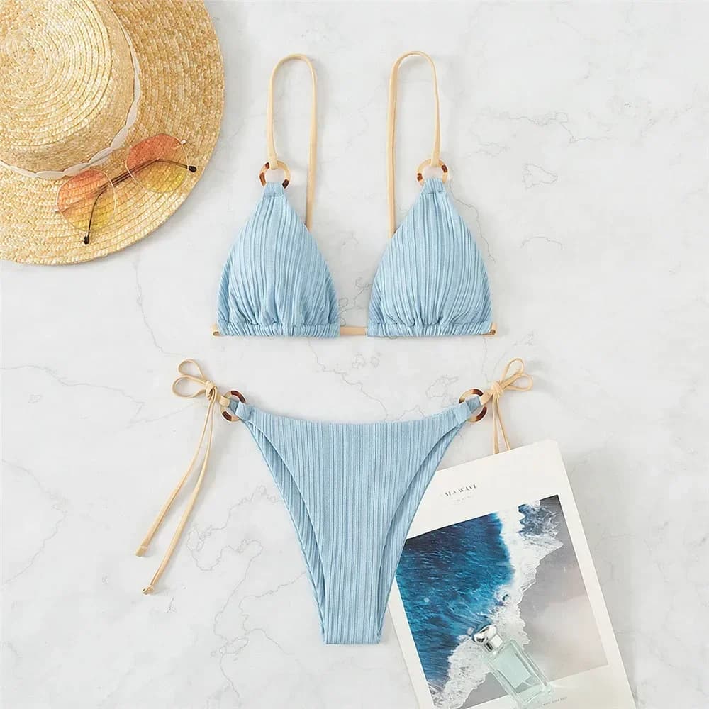 Blue ribbed swimsuit, 2026 string bikini set, sexy, with ring, Brazilian micro bikini, female thong
