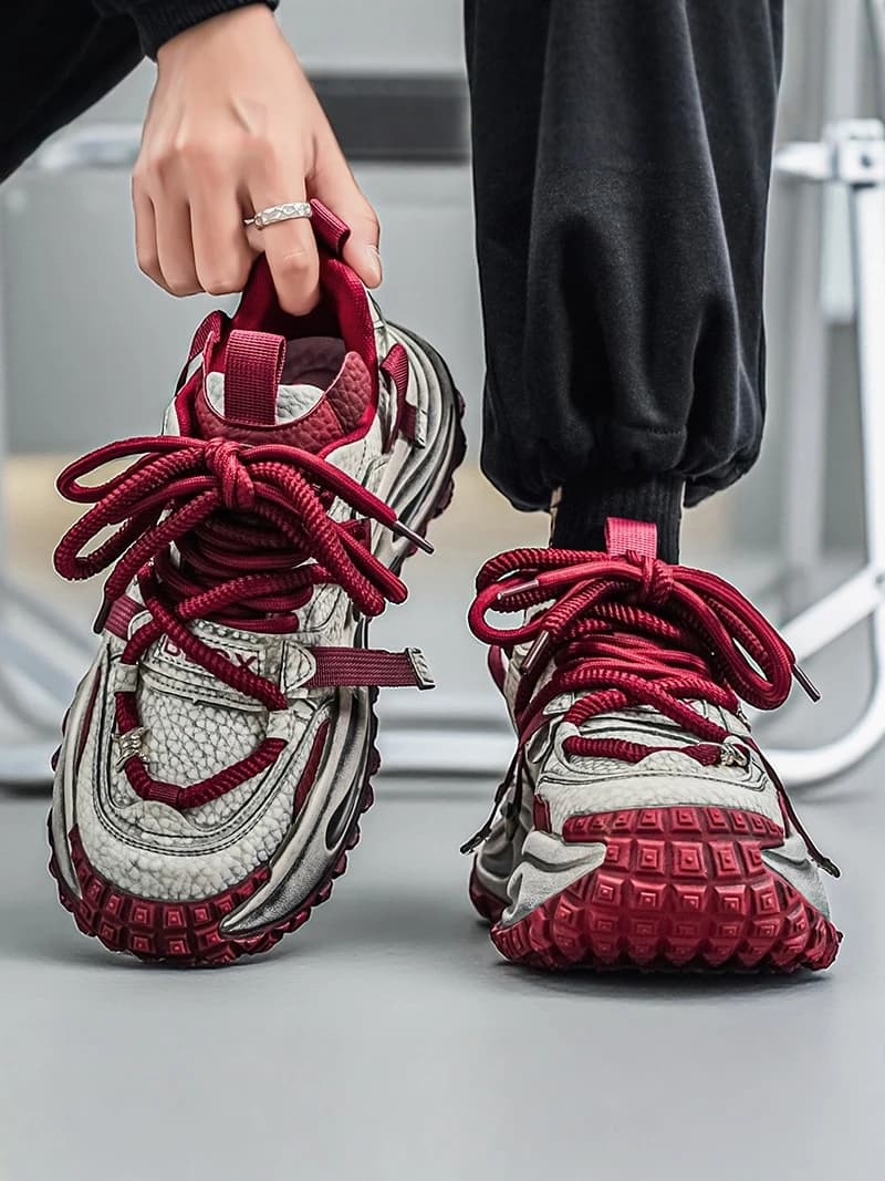 Casual Red Dad Trendy Shoes for Teens And Men Retro Style Leather Upgraded with Mesh Breathable Low Top Sneakers for Spring