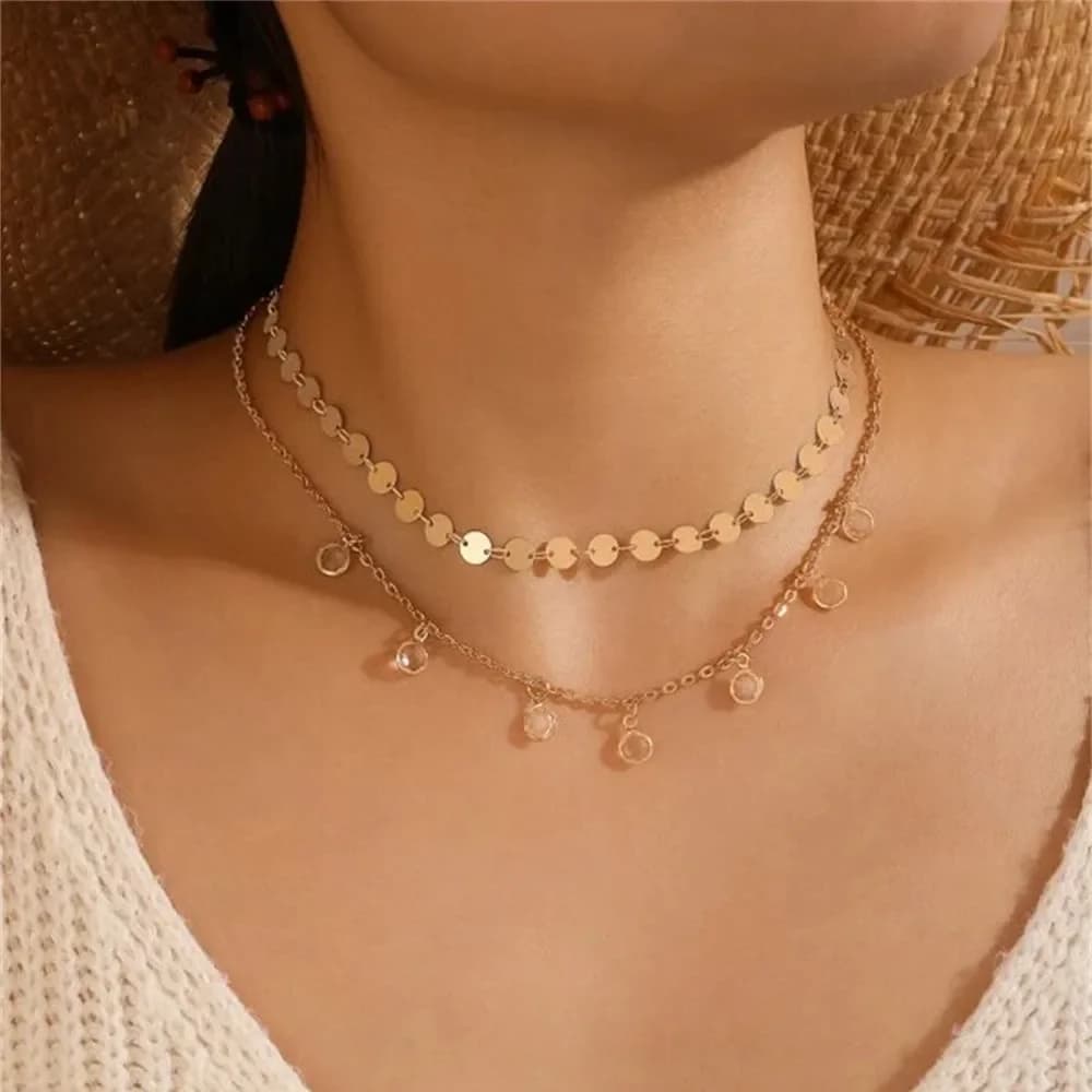 Collana con ciondolo nappa di cristallo trasparente con catena di paillettes rotonda Vintage per gioielli da donna con piastra in oro multilivello di moda femminile