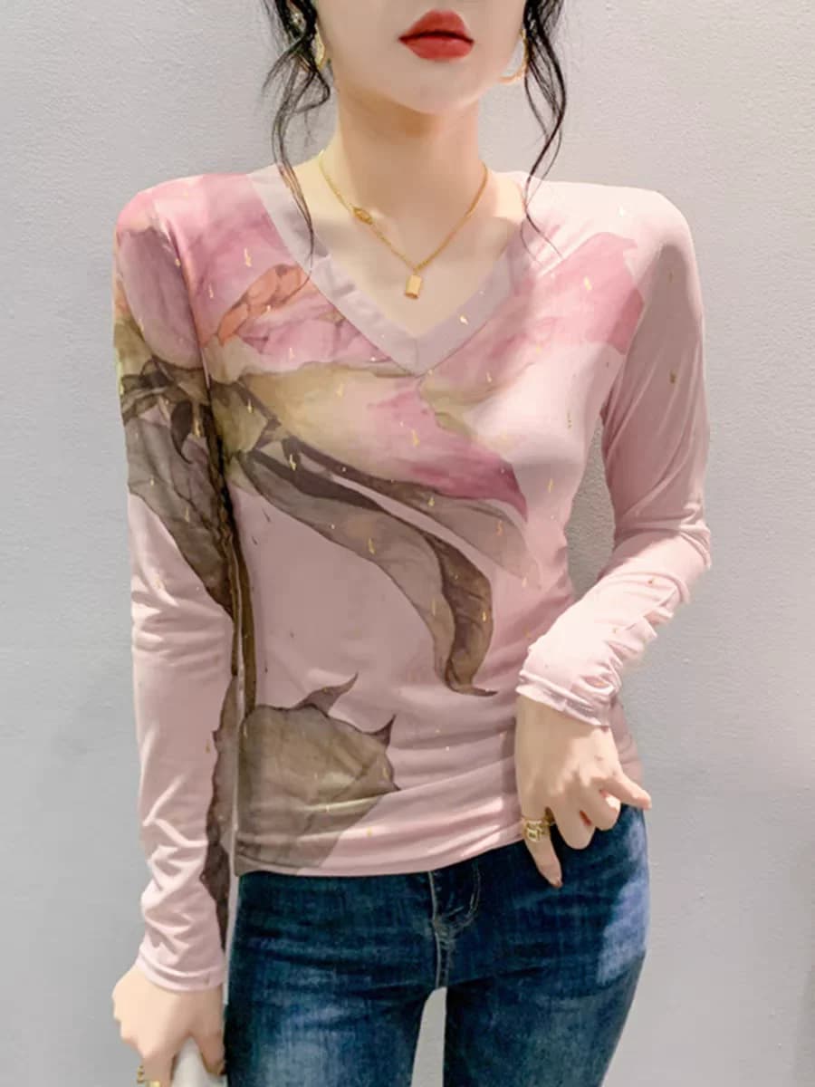 T-shirt in rete con scollo a v a maniche lunghe moda donna primavera estate 2024 top con stampa di posizionamento timbrato da donna