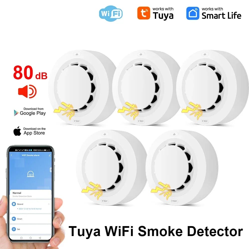 Sensore rilevatore di fumo Tuya Wifi Protezione antincendio wireless Allarme fumo Smart Life Sensore di prevenzione di sicurezza ad alta sensibilità 80DB