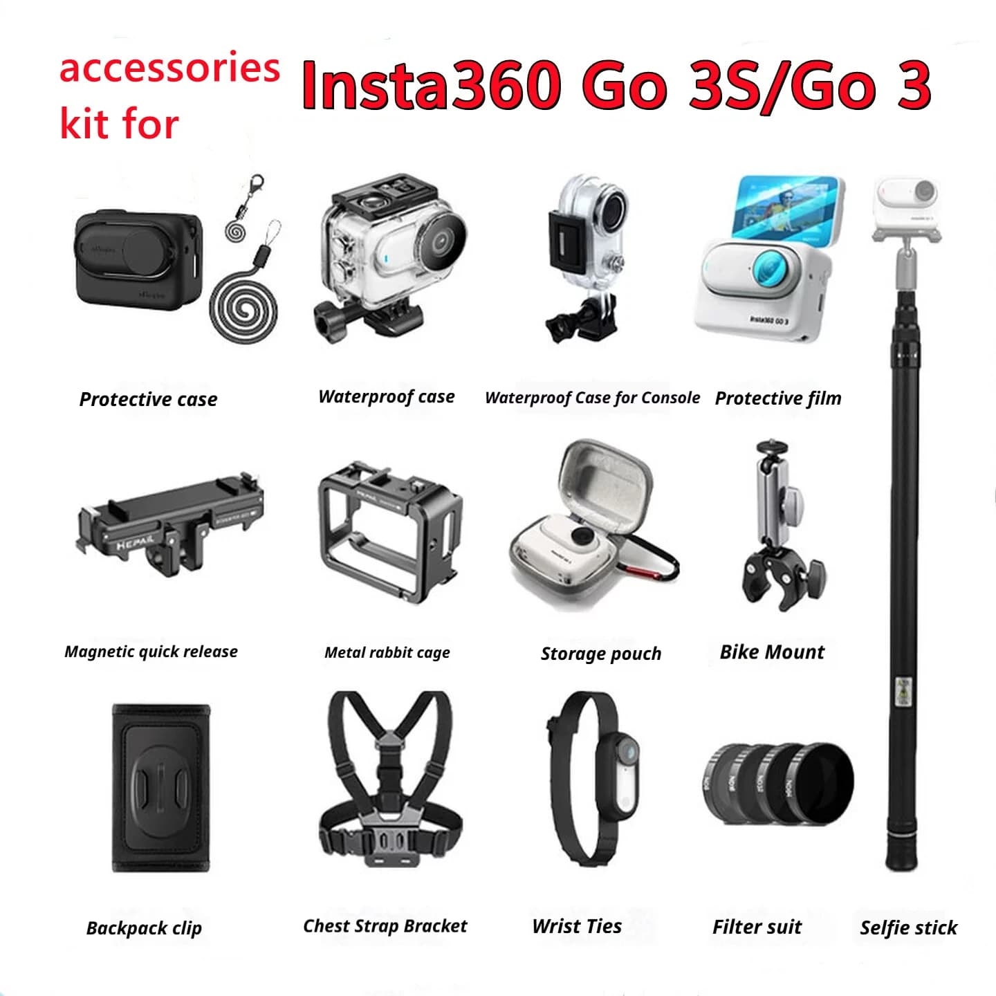 Kit di Accessori per Insta360 3/3S, Include Filtri per Obiettivo, Custodia con Maniglia, Asta Selfie, Cinghia per Petto, Cinghia per Zaino