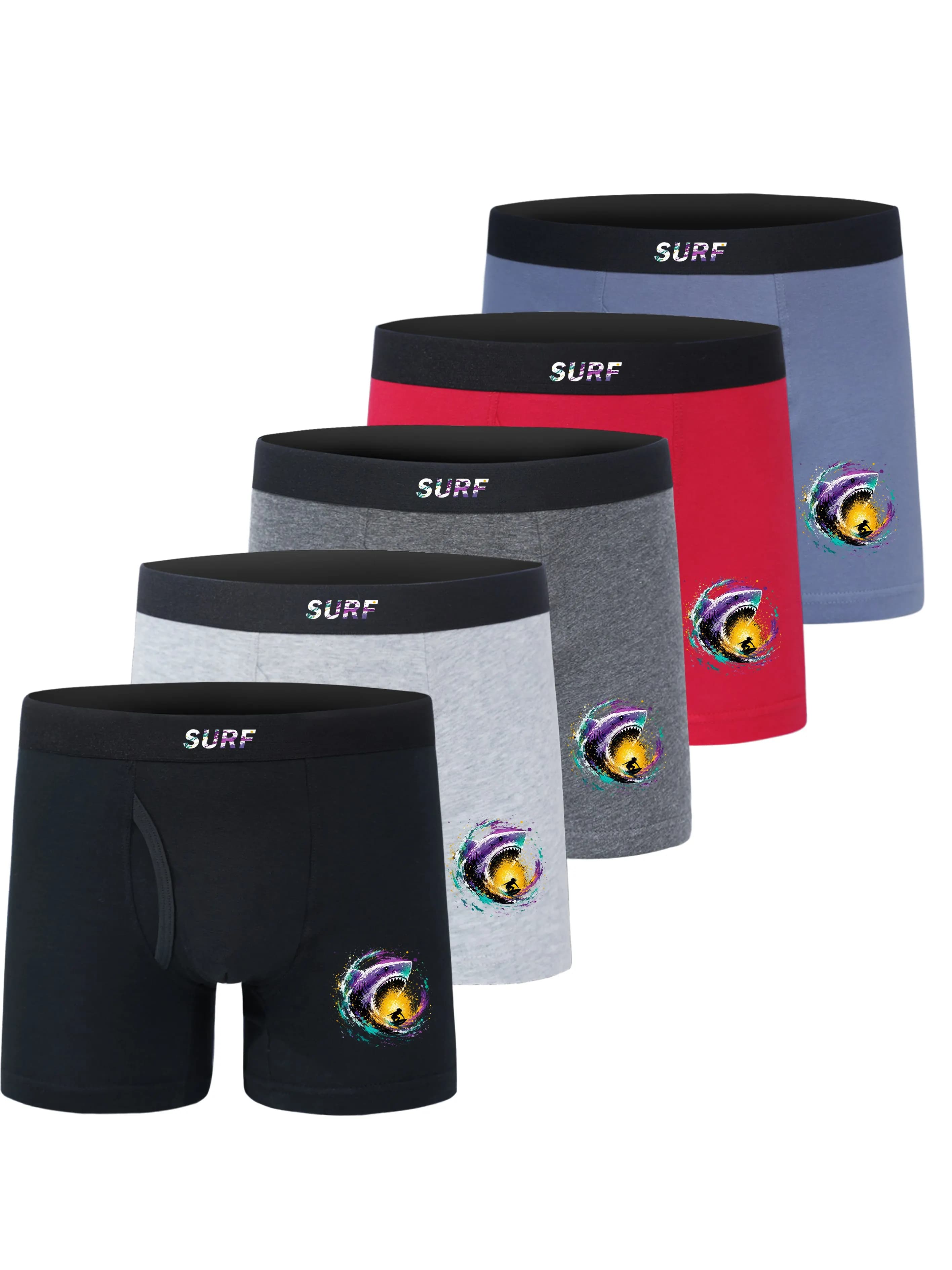 5 Pack Boys Boxer Briefs Color Splash Shark Surfer Print Soft Breathable Summer Surf Underwear for 5-15 Years Old