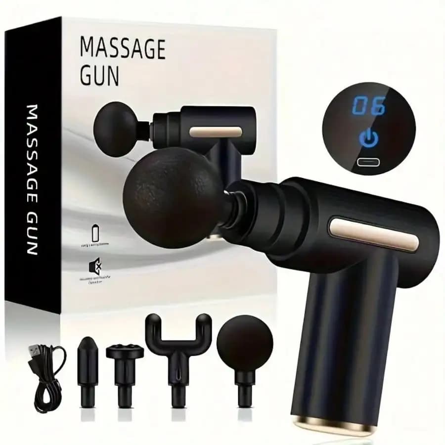 Pistola massaggiante, massaggiatore a percussione portatile per tessuti muscolari profondi, facile da controllare, allevia il dolore alla schiena e al collo, intensità di massaggio professionale, impostazioni regolabili a 6 velocità, 4 testine per massaggio professionali