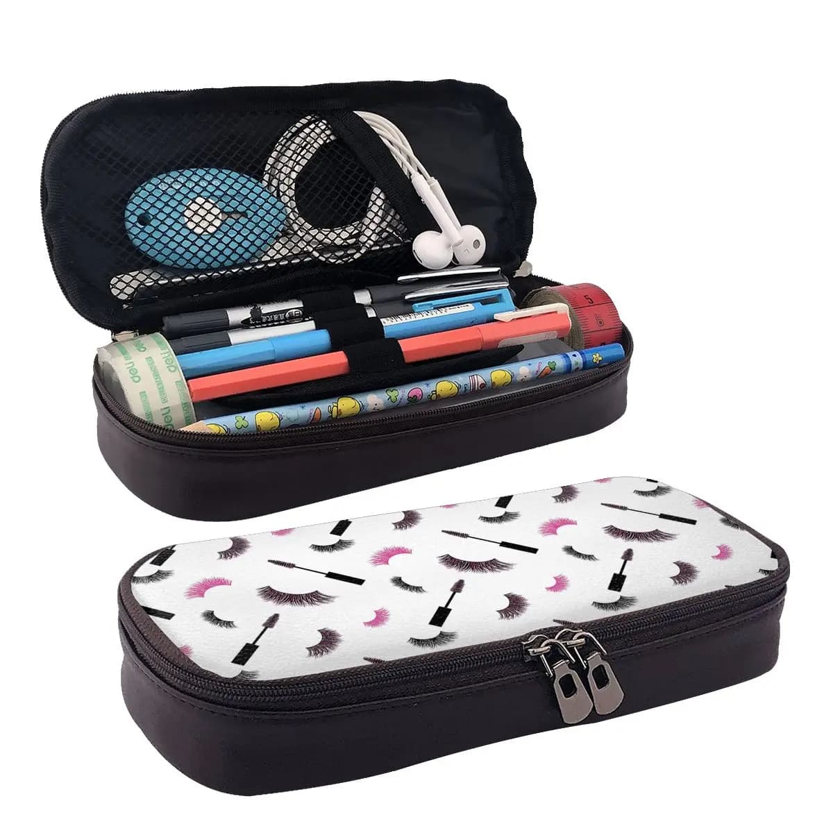 Lashes And Mascara With Pink Glitter Leather Pencil Case for Kids School Pen Box Pencil Bag Stationery Supplies Pen Holder Bag