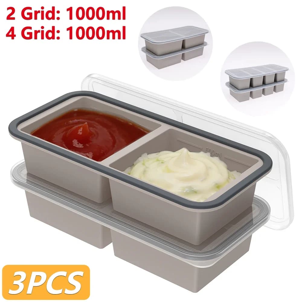 Set di 2 Stampi in Silicone per Congelatore con Coperchio, 2/4 Scomparti, Resistenti al Calore, Ermetici, con Indicatori di Misurazione
