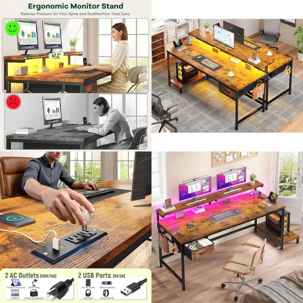 Ergonomic 47.2 Desk with Power Outlet, LED Lights, and Monitor Stand for Home Office, Study, and Gaming in Rustic Brown