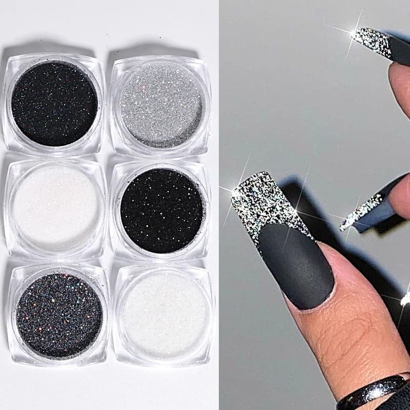 6 pcs nail polish glitter sand fine powder glitter holographic black white pigment reflective bows powder accessories for manicure