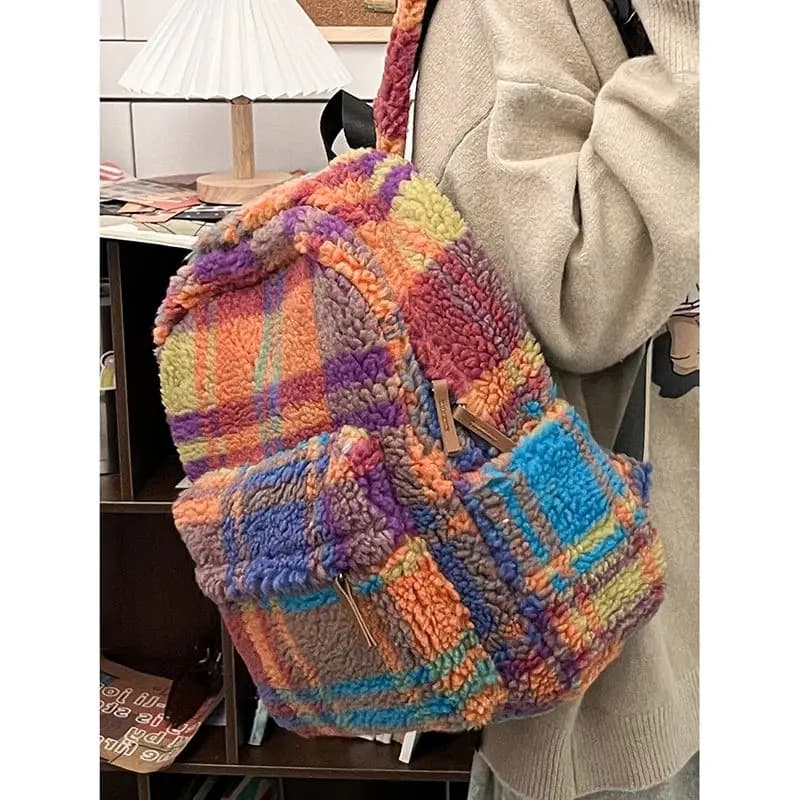 New plaid lamb cashmere red retro backpack bag travel mobile phone coin purse