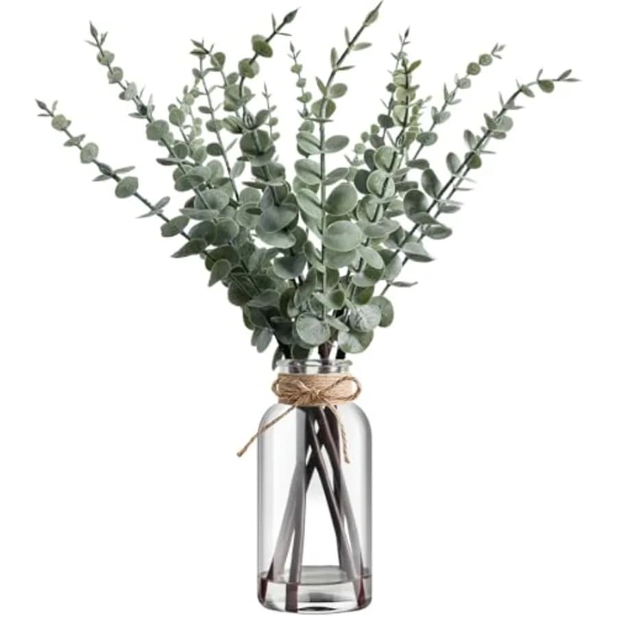 Artificial Eucalyptus Stems in Glass Vase with Hemp Rope and Faux Water 17.5inches Table Decorations Fake Greenery Plants Stems