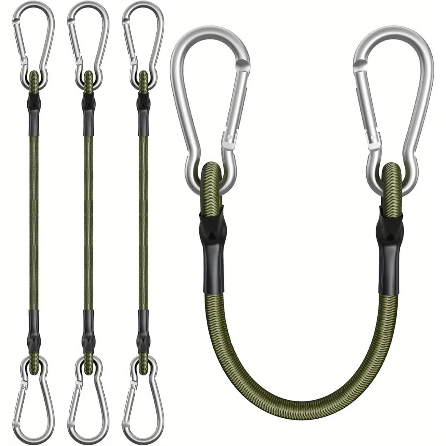 4 strong rubber belts with metal hooks, 13,78 inches - Durable black and green, perfect for camping, articles, bicycles, outdoor curtains, carriers, camping equipment | Durable rubber strap | Metal hook strap