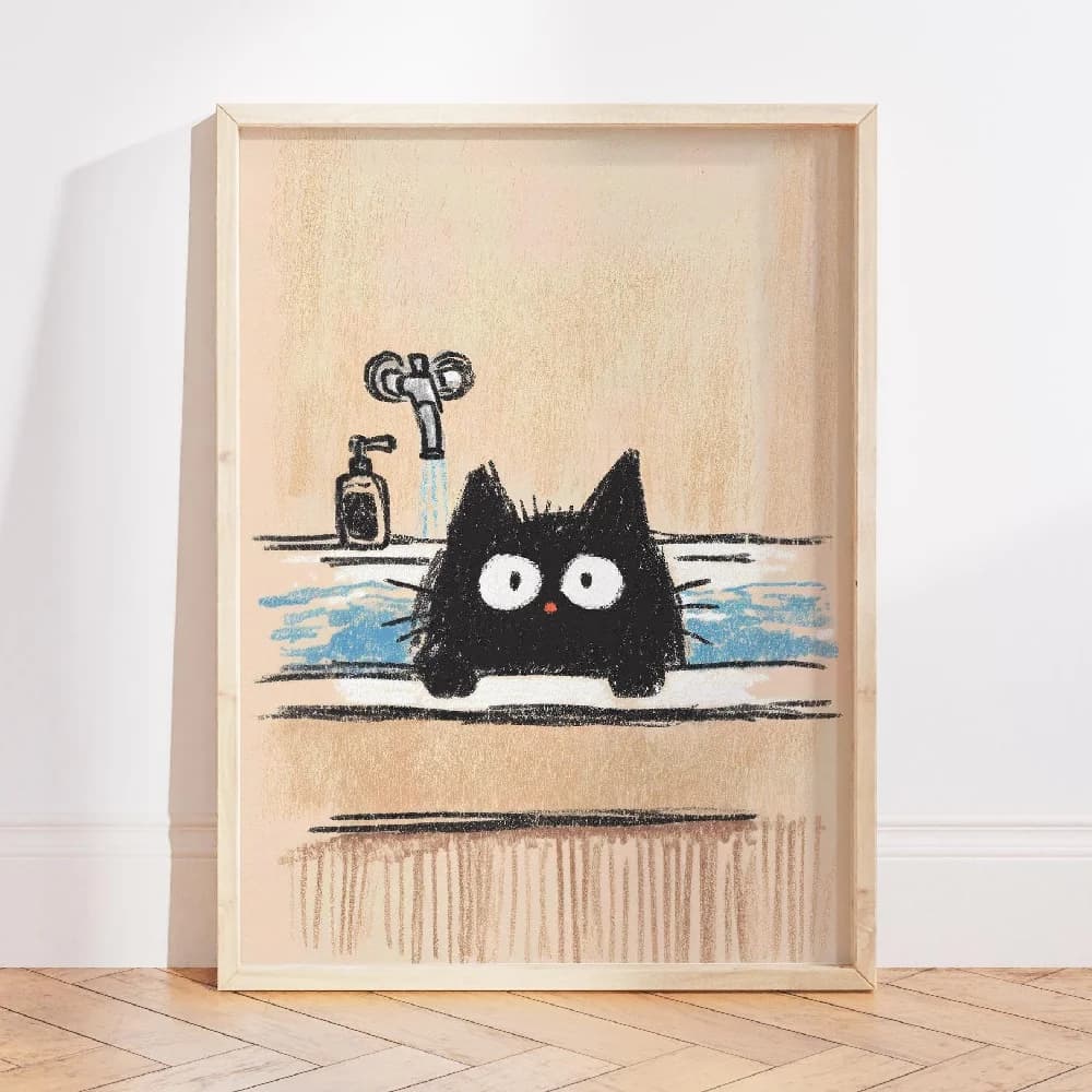 Retro Cute Cartoon Black Cat Dog in The Bathroom Toilet Print Canvas Painting Wall Art Poster Picture Home Decor Mural Cuadros