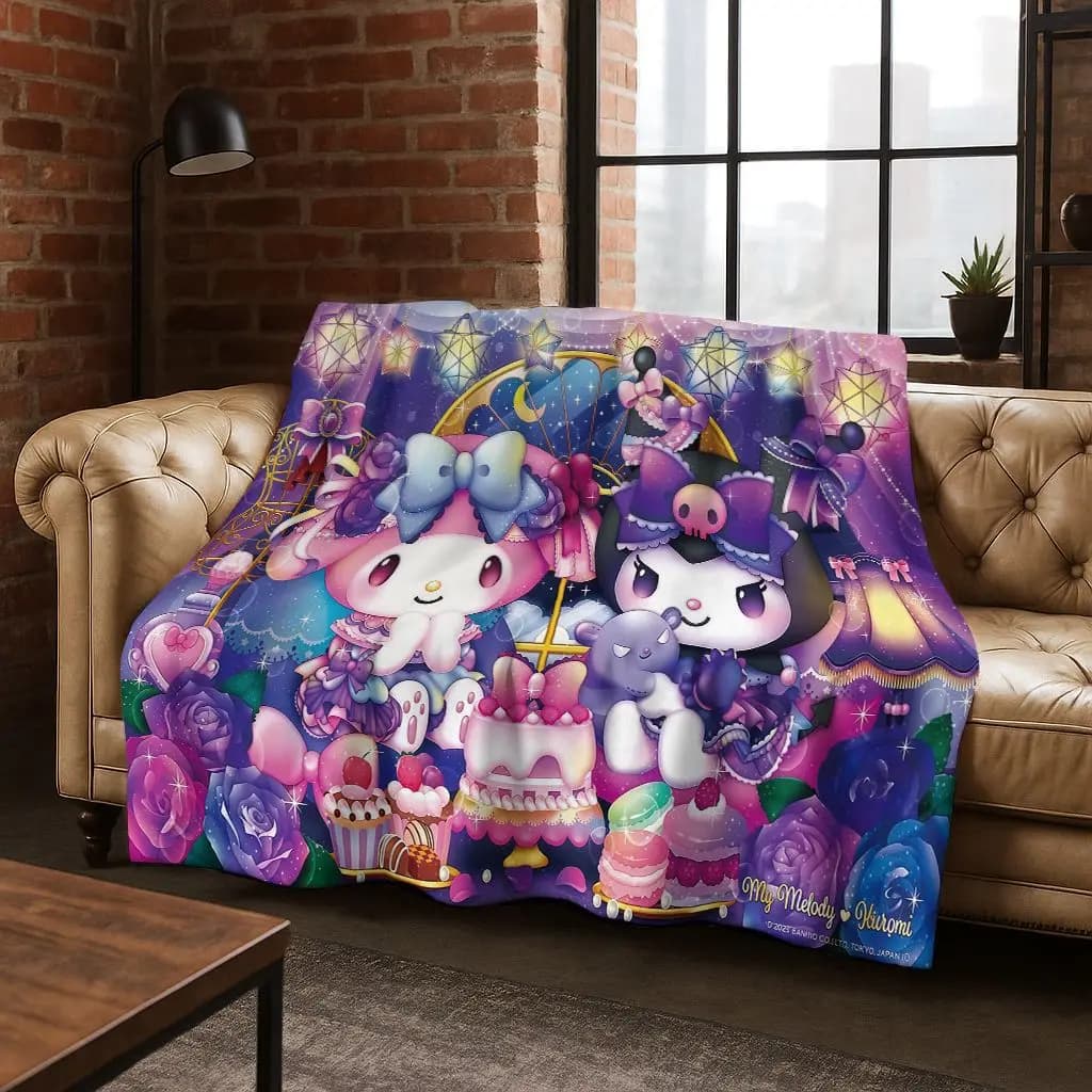 26 Style Cute Kuromi Sanrio Cartoon Coperta di flanella, calda e accogliente coperta morbida per la casa, camera da letto, divano letto, copertura da picnic per bambini