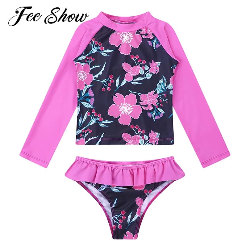 Kids Girls Tankini Sets Long Sleeves Rashguard Swimsuit Swimwear Bathing Suit Swimming Set Fish Scales Printed Tops with Bottoms