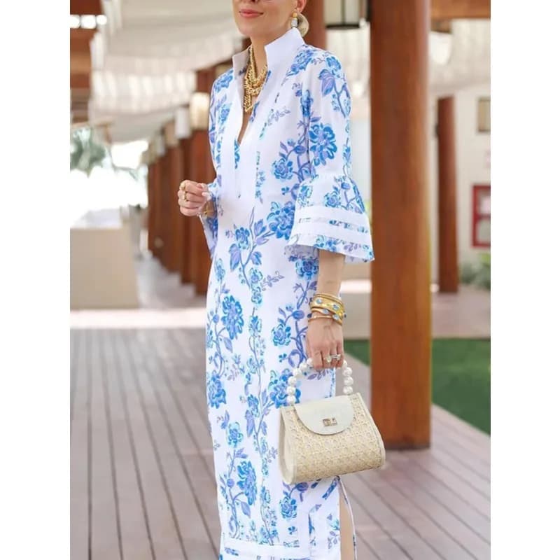 Women's Vintage Floral Printed Ramadan Kaftan Dress 2026 New V-Neck Loose Flared Sleeves Elegant Evening Maxi Dresses