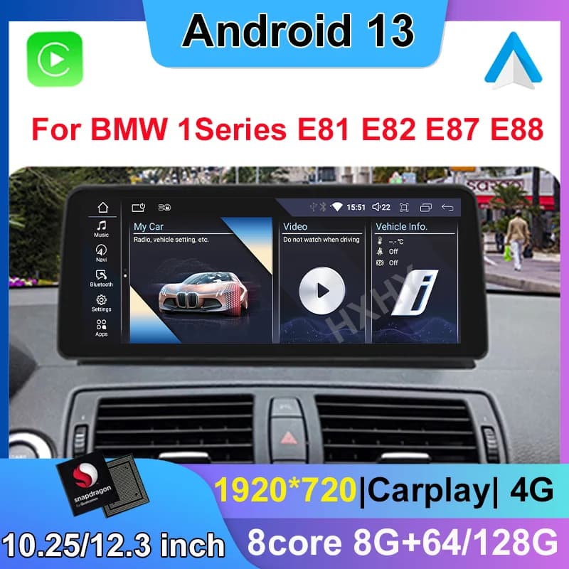 Snapdragon Android 13 Lettore DVD per auto Sistema multimediale per BMW Serie 1 E81 E82 E87 E88 2005-2012 Radio GPS Navi Audio Carplay